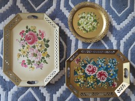 LOT 3 Vtg Nashco Gold Tole Toleware Roses Flower Handpainted Reticulated Trays - £50.61 GBP