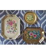 LOT 3 Vtg Nashco Gold Tole Toleware Roses Flower Handpainted Reticulated... - £51.27 GBP