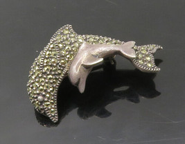 JUDITH JACK 925 Silver - Vintage Marcasite Mom &amp; Baby Dolphin Brooch Pin- BP6677 - £35.71 GBP