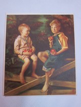 Vintage 1930s Art Print Two Boys on Fence with Apples Overalls &amp; Sailor Suit - £23.59 GBP