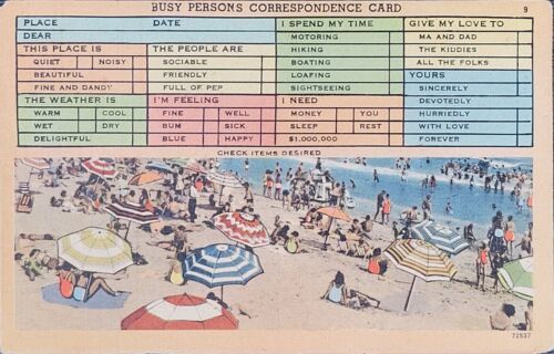 Busy Persons Correspondence Postcard VNT c1940 Beach Scene Unposted Tichnor Bros - $5.00