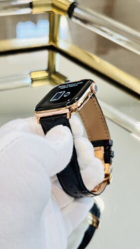 24k ROSE Gold Plated Apple Watch Series 10 46mm Black Leather Band CUSTOM Item image 13