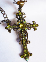Fashion  VCLM Intricate Design Green Rhinestones Cross pendant Necklace 22&quot;L - £18.98 GBP