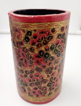 Paper Mache Pen Stand Holder Round Red flower design #2 India Kashmir Art New - £14.37 GBP
