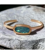 Aqua Rhinestone Cuff Bracelet Gold Tone Faux Abalone Adjustable Hippie B... - £13.15 GBP