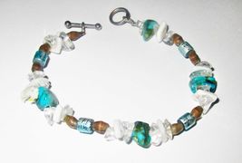 Mixed Material Polished Stones - Glass - &amp; Wood Bead Bracelet 7 1/2 Inches  - £4.00 GBP