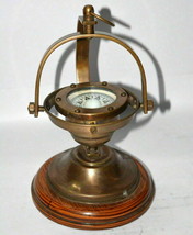 Antique brass gimbal compass ship&#39;s binnacle gimballed compass with wooden base - £52.47 GBP