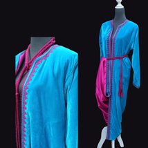 Blue Velvet Moroccan wedding dress kaftan with Fuschia and belt, Evening... - £262.36 GBP