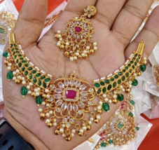 Indian Fashion Gold Plated Bollywood Style Choker Necklace CZ Green Jewelry Set - £53.31 GBP
