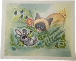 Cat Bunny Rabbit MCM Litho Art Print Unframed 1967 Donald Art USA 5194 11&quot; x 9&quot; - £8.63 GBP