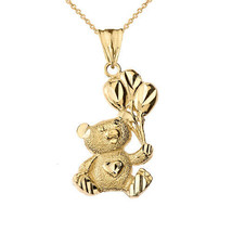 14K Solid Gold Teddy Bear with Balloon Pendant Necklace -Yellow, Rose, or White - £191.30 GBP+