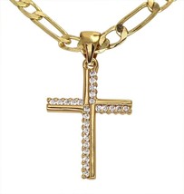Small Cross CZ Pendant 20&quot; Figaro Necklace 14k Gold Plated Jewelry - $4.99