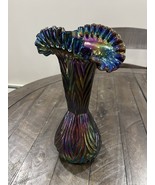 Vtg Fenton Amethyst Black Carnival Ribbed &amp; Crimped Glass Vase Diamond P... - $336.17 CAD