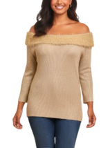 NY Collection Gold Metallic Shimmer Sweater Eyelash Fur Off The Shoulder... - $16.99