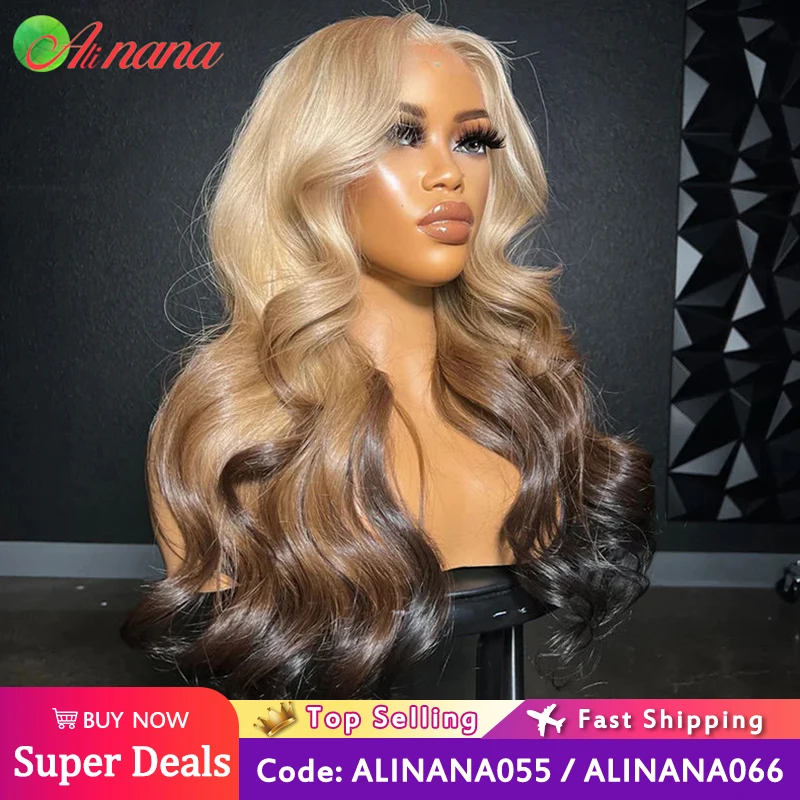 HD 13x4 Lace Frontal Wig Body Wave Ombre Gray Blonde Brown Colored Pre-Pluck - £88.49 GBP+