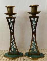 Pair Vtg Israel Brass Enamel Candlestick Holder Candle Jewish Decor Home 9&quot; - £26.58 GBP