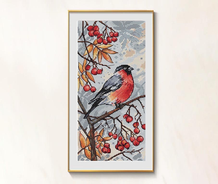 Bullfinch Cross stitch winter pattern pdf - Rowan tree cross stitch wint... - $10.59