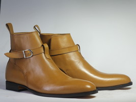 Handmade Men&#39;s Jodhpurs Tan Leather Boots, Men Ankle High Buckle Dress B... - £127.88 GBP+