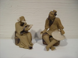 Clay Carved Mud Men Asian Figurines 2 Pc set  nCp30 - £14.13 GBP