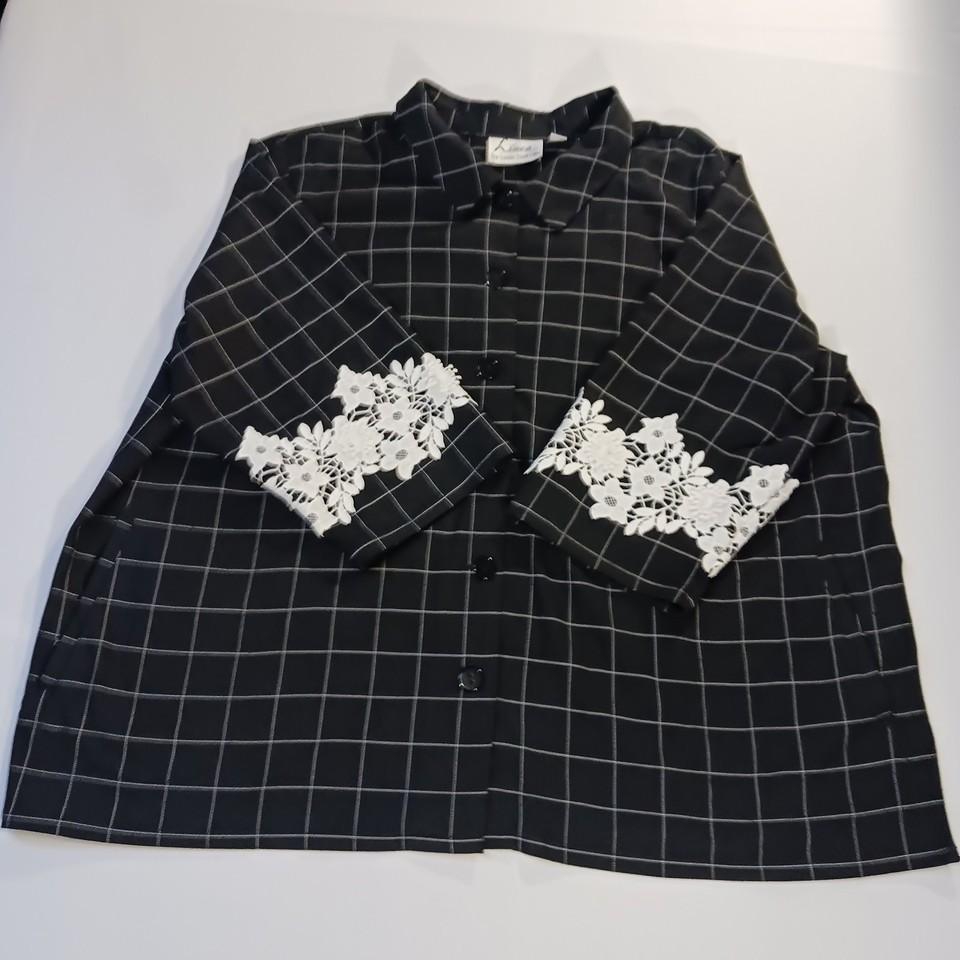 Linea Louis Dell'Olio Women's 26W Black Check Embroidery 3/4 Sleeve Blouse Shirt Item image 10
