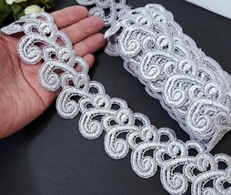 1-3/4&quot; 45mm wide -3-5 yds Thick Silve Gray Embroideries Lace Sea Waves ptn L542 - $4.99+