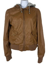 Rue 21 Womens Brown Faux Leather Jacket Juniors Size Medium Full Zip Hood - £14.15 GBP