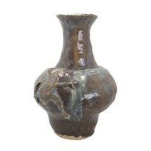 Large Studio Pottery Vase in Brown Glaze with Frogs, 28 cm - $64.47
