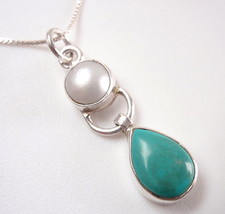 Turquoise &amp; Freshwater Pearl Pendant 925 Sterling Silver Teardrop Cabochon New - £7.18 GBP