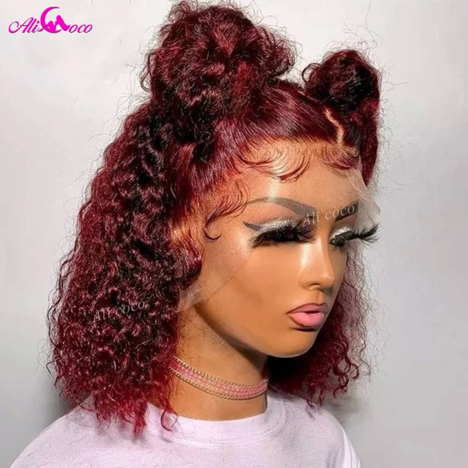 Ensity 99j burgundy short curly bob wig 13x4 lace frontal wigs for women brazilian remy thumb200