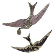 Vintage Set of SPARROW Bird 3&quot; Brooch Pins, Pierre Bex Black/Gold Enamel Jewelry - £22.87 GBP