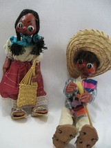 2 Vintage Mexican Lady Man Dolls Painted Oil Cloth Souvenir Sombrero Basket - £22.72 GBP