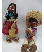 2 Vintage Mexican Lady Man Dolls Painted Oil Cloth Souvenir Sombrero Basket - $29.02