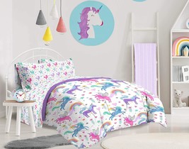Kids Bedding Set Full Size Unicorn Rainbow 5-PC Bed Comforter Sheets Microfiber - £65.71 GBP