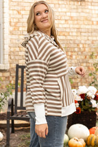 Brown Stripe Quarter Buttons Drop Sleeve Plus Size Hoodie - $34.20