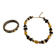 Vintage Amber & Black Beaded Necklace with Gold-Tone Cabochon Bracelet - $561.15 MXN