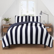 King 3 Piece Reversible Navy White Stars Stripes 100-Percent Cotton Quilt Set - £193.18 GBP