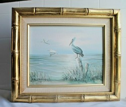 Serene Beautiful Classic Seascape Oc EAN Pelicans Scene Oil On Canvas Framed - £50.21 GBP