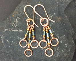 Handmade copper earrings: small circle dangles with aqua blue bugle beads - £20.37 GBP