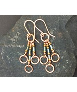 Handmade copper earrings: small circle dangles with aqua blue bugle beads - $485.05 MXN