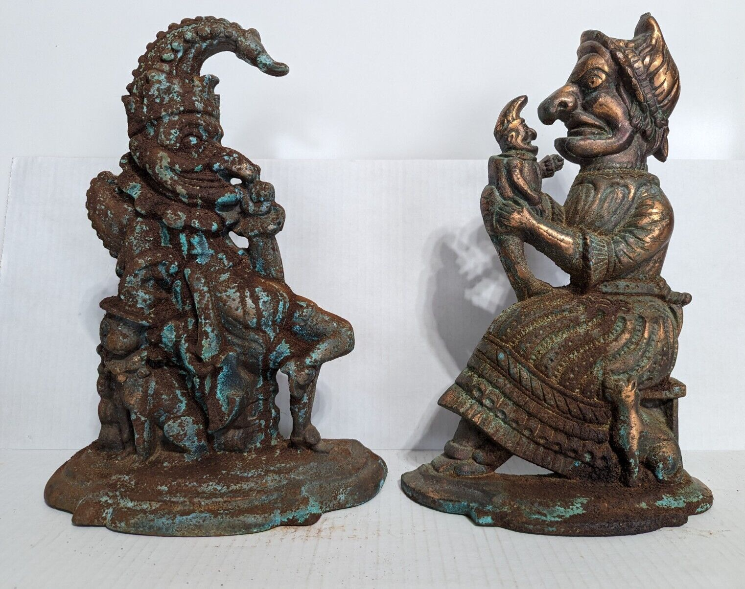 Primary image for Vintage Punch & Judy Cast Iron Door Stops Large Bronze Copper Color Weathered