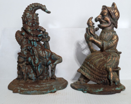 Vintage Punch &amp; Judy Cast Iron Door Stops Large Bronze Copper Color Weathered - £75.32 GBP