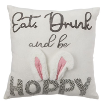 NEW Eat Drink Be Hoppy Easter Bunny Pillow w/ plush ears &amp; embroidery 18... - $15.95