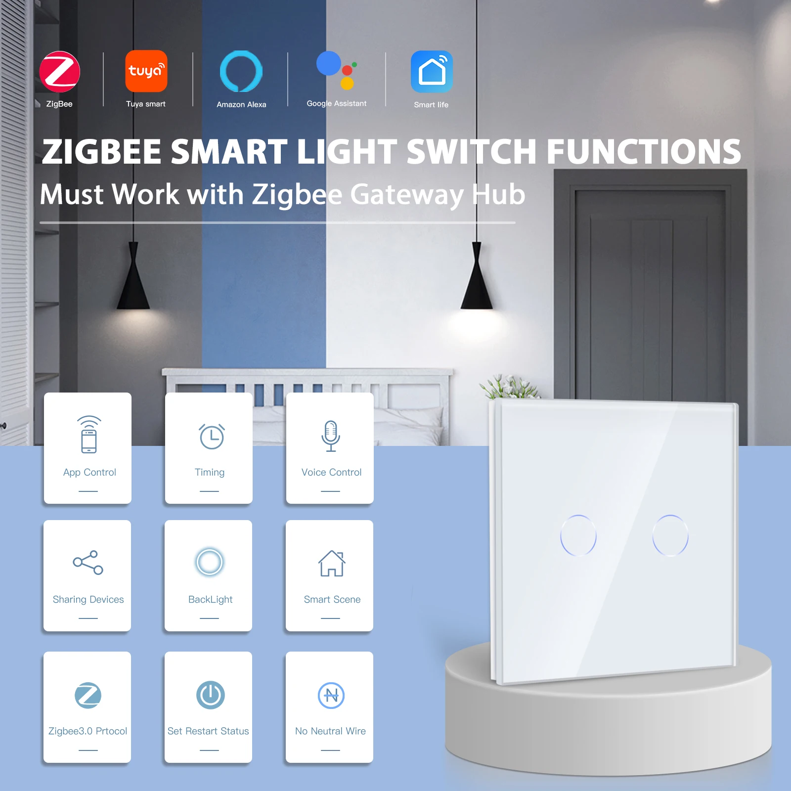 House Home BSEED Zigbee Wall Switches Smart Touch Screen Light Switch 1/2/3Gang  - £42.47 GBP