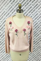 VTG RETRO Toni  Sweater Puffed Sleeve Appliqued Roses S Pink 80s Cottage Core - $60.59