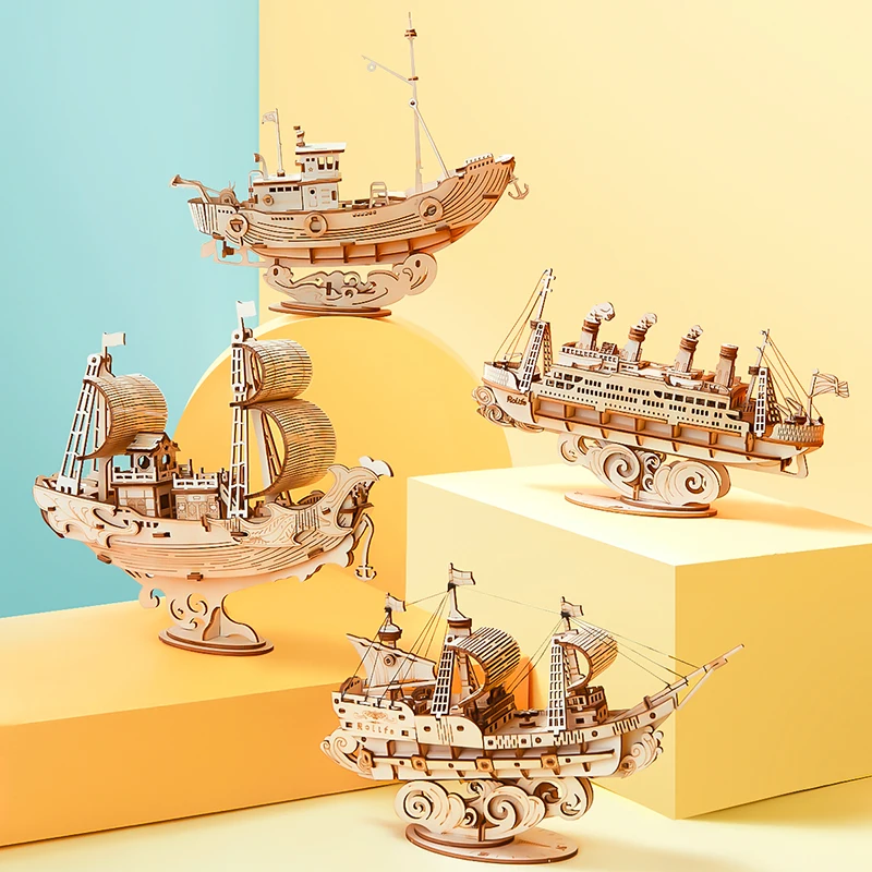 Play Robotime New 4 Kinds DIY Vintage Sailing Ship 3D Wooden Puzzle Game Aembly  - £38.83 GBP