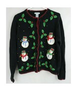 Vintage Ship &#39;N Shore Sport Christmas Snowman &amp; Holly Cardigan Sweater S... - $33.82 CAD