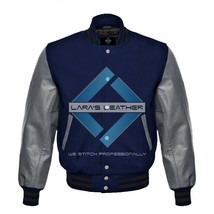 Navy Blue Varsity Baseball Genuine Leather Sleeve Letterman College Wool Jacket - £74.85 GBP