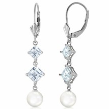6.5 Carat 14K White Gold Chandelier Aquamarine/Pearl Elegant Gemstone Earrings - £365.64 GBP