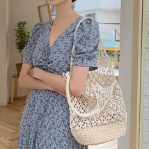 Women Woven Mesh Shopping Bag Cotton Rope+straw Weaving Reticulate Hollow Straw  - £23.68 GBP