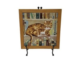 1982 Lowell Herrero Art Tile Tabby Cat Books Shelf Library Vandor Trivet Wall - £19.25 GBP
